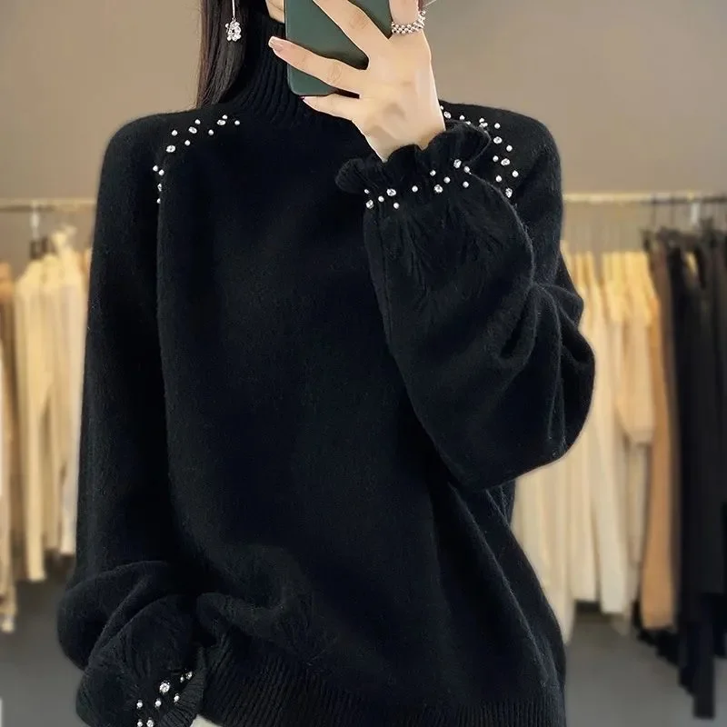 

2025 женская мода, большой размер 5XL, вязаное пальто, осень-зима, женский полувысокий пуловер, европейский женский вязаный свитер с длинными рукавами