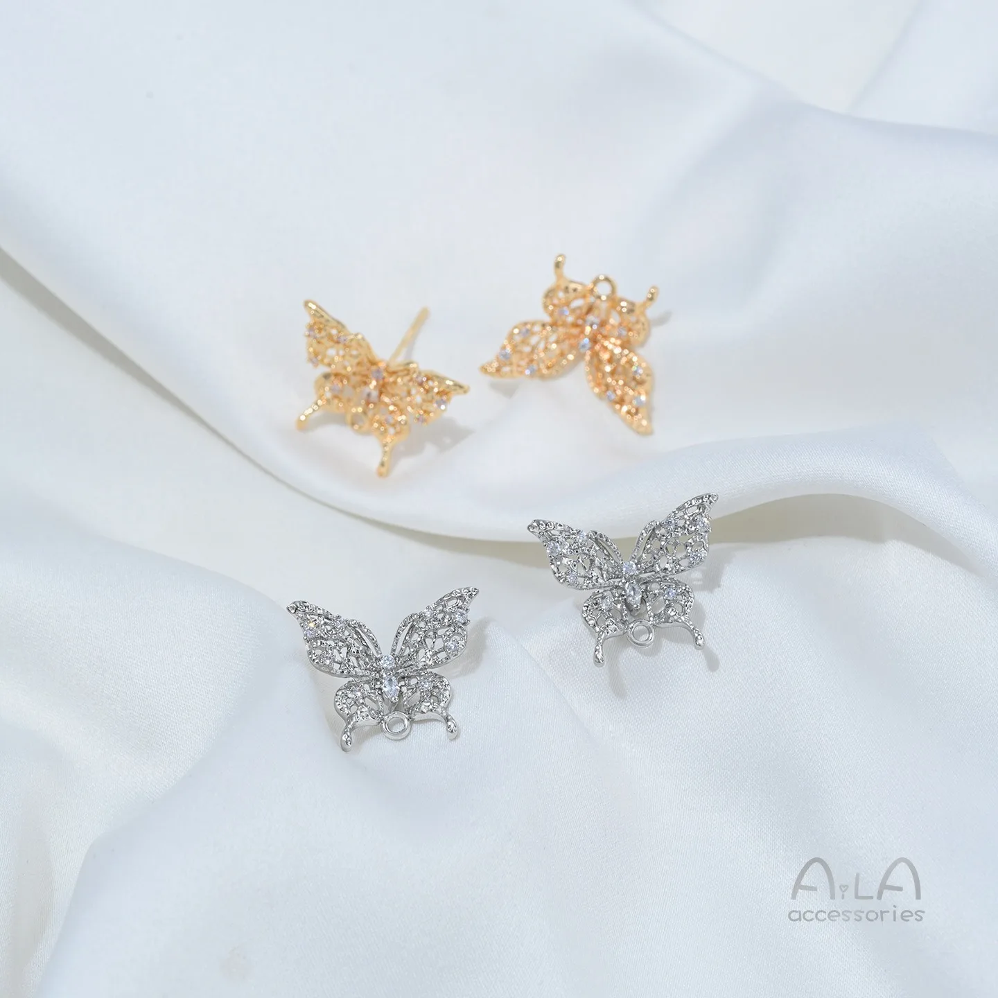 Copper Plated 14K Gold Zircon Hollow Butterfly Stud Earrings with Rings Handmade DIY Light Luxury Niche Ear Jewelry Accessories