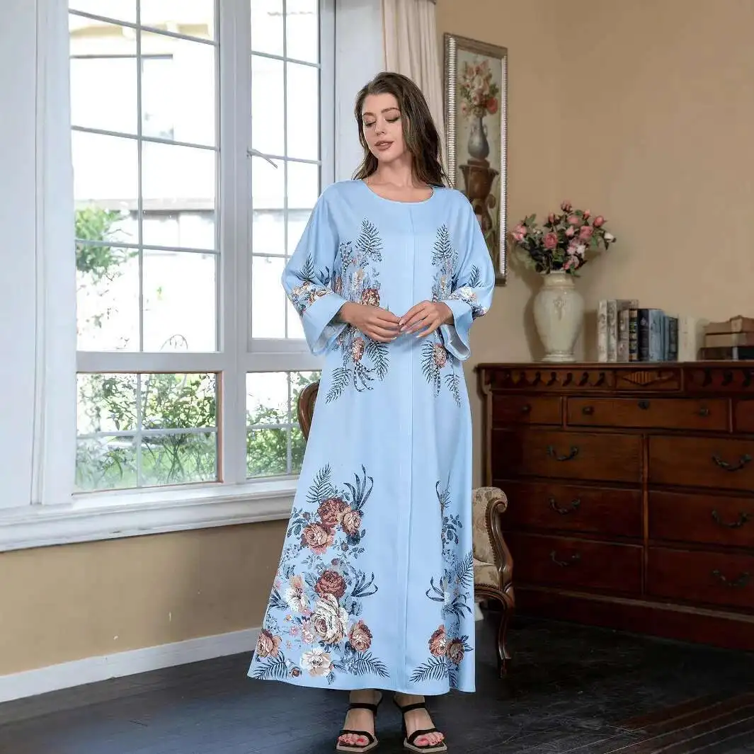 

SW0905 Muslim round neck long robe with fashionable temperament, abaya hot stamping diamond bead print dress