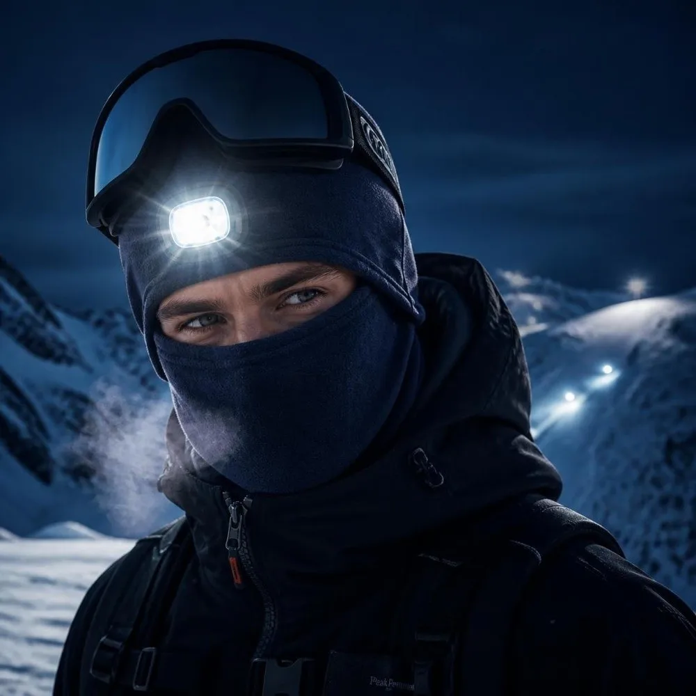 New USB Rechargeable LED Light Balaclava Fleece Lined Windproof Full Face Mask Stretch Warm Thermal Night Cycling Beanie Winter
