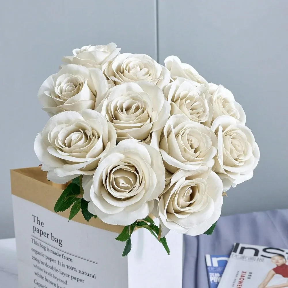 

12pcs Ivory Artificial Silk Roses With Long Stems For 2025 Wedding Decor, Home Decor, Baby Shower Party Centerpieces