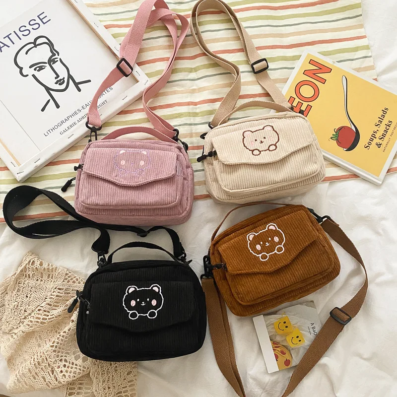 

Cute Corduroy Crossbody Bag Little Bear Embroidery Handbag Messenger Bag Korean Style Shoulder Bag Mobile Phone Package