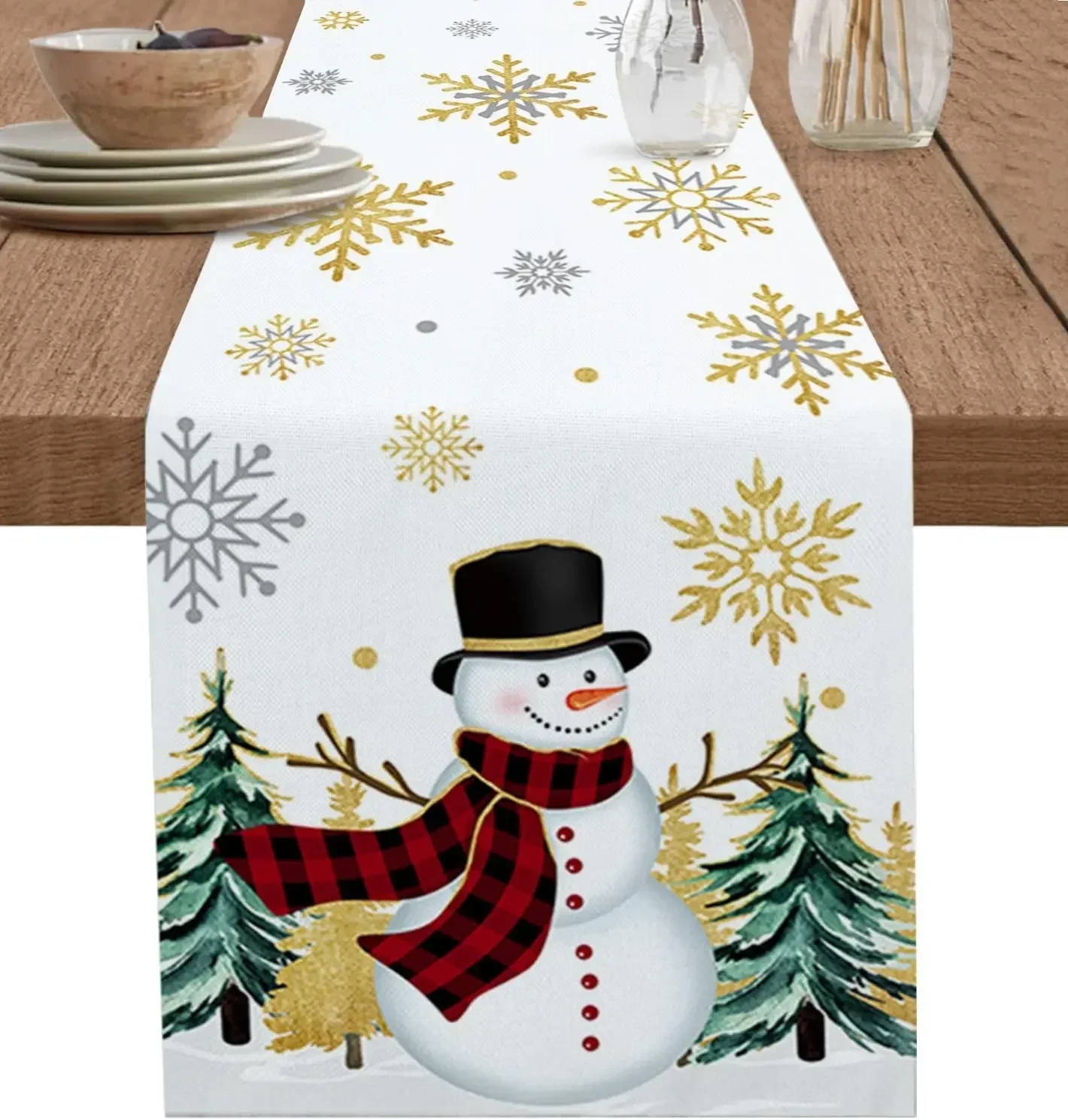 Christmas Golden Snowflake Pine Tree Linen Table Runners Party Decor Winter Snowman Dining Table Runners Christmas Decorations