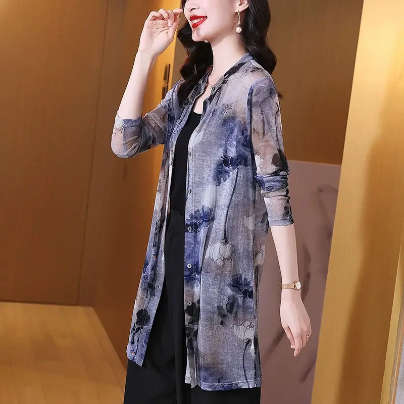 

Spring Summer Office Lady Printing Turn-down Collar Long Sleeve Coat Ladies Fashionable Slim Thin Cardigan Women Clothes Top Tee