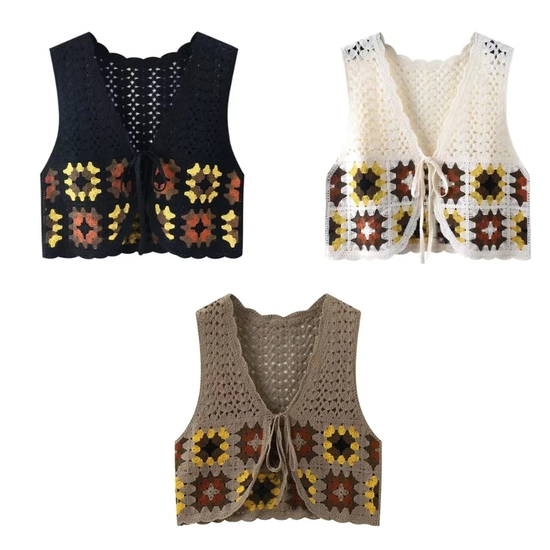 Crochet Mini Vest Waistcoat Women Hollow Knit Plaid Lace-Up Sleeveless Cardigan