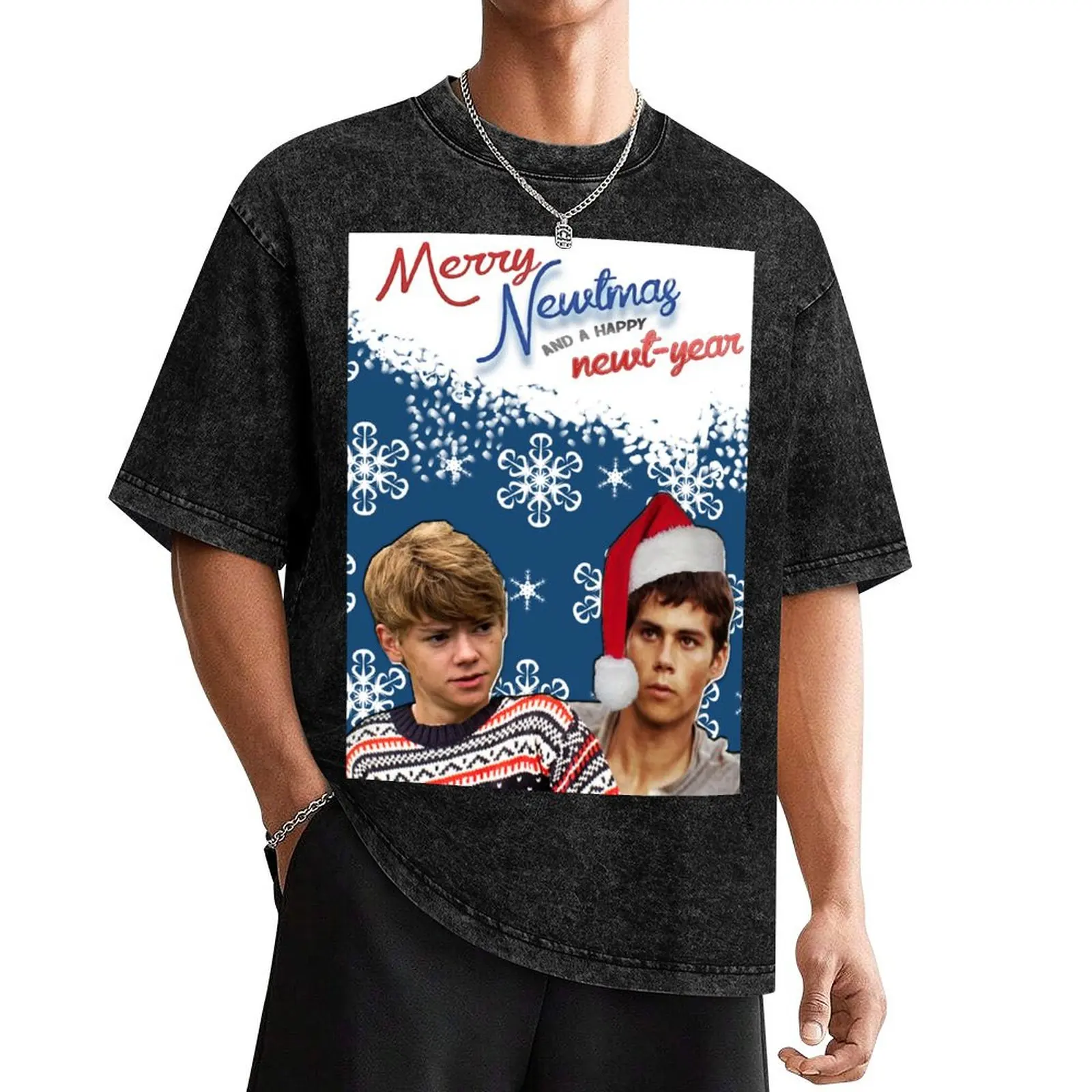 

Футболка с поздравительной открыткой Merry Newtmas для мальчиков, черная футболка с животным принтом, мужская футболка с короткими рукавами