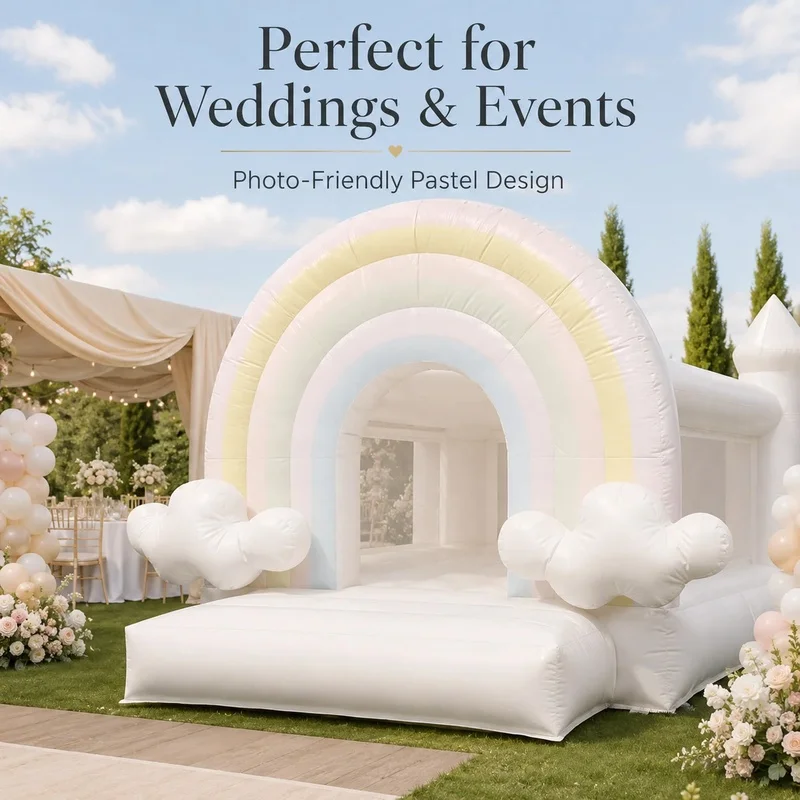 Commercial Pastel Rainbow Wedding Bounce House with White Clouds Inflatable Bouncy Castle for Parties Events and Rental Business