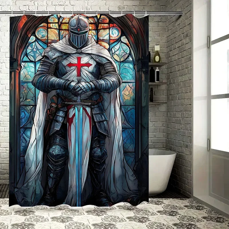 Medieval Knight with Stained Glass Shower Curtain - Unique Armor Design for Modern Bathroom Décor, Waterproof & Easy Care