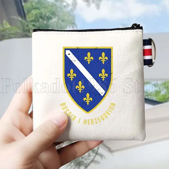 Bosnia Herzegovina Flag Map Bosnian Gifts Canvas Coin Purse Bag Small Square Key Bag Storage Card Bag Cotton Wallet Zipper Pouch