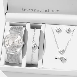 Ladies Silver Quartz Watch 6PCS/Set Heart Element Dial Wristwatch PU Leather Strap Watch Heart Shaped Jewelry Set Gift For Her