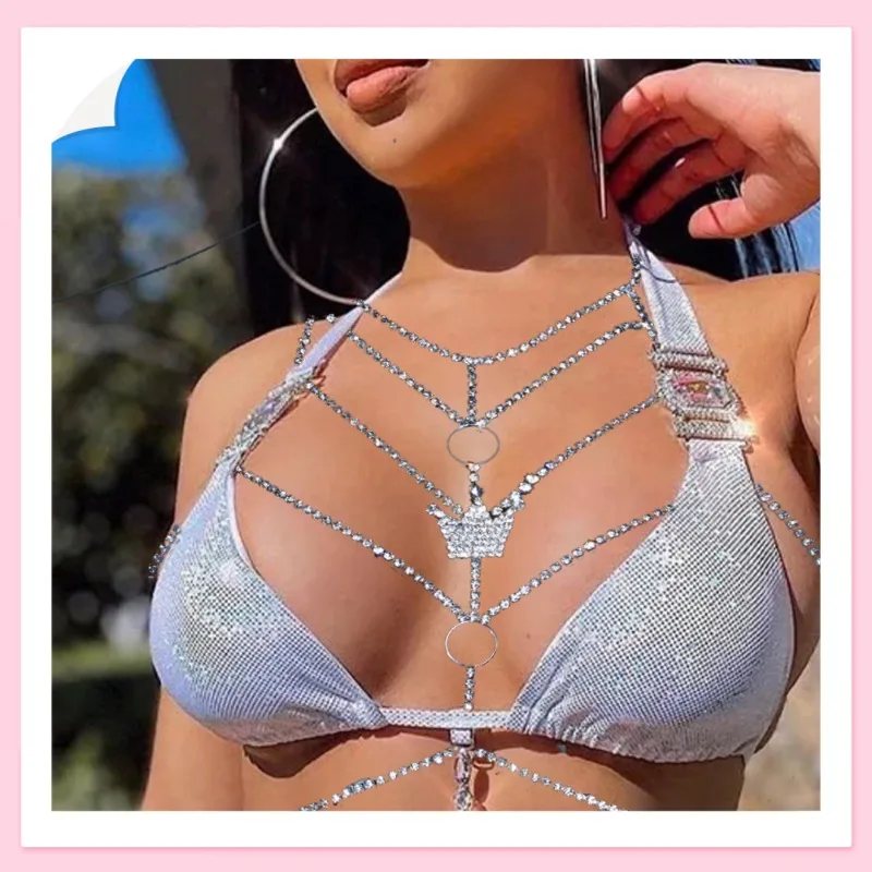 

Fashion Rhinestone Crown Breast Chain Trendy Sexy Nightclub Bikini Body Chain Women
