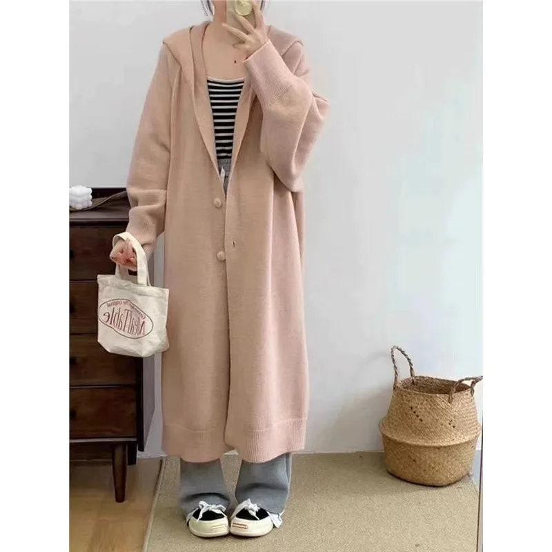 

Autumn and Winter Lazy Style Sweater Jacket Women's Retro Loose Mid Length Hooded Knitted Cardigan Coat