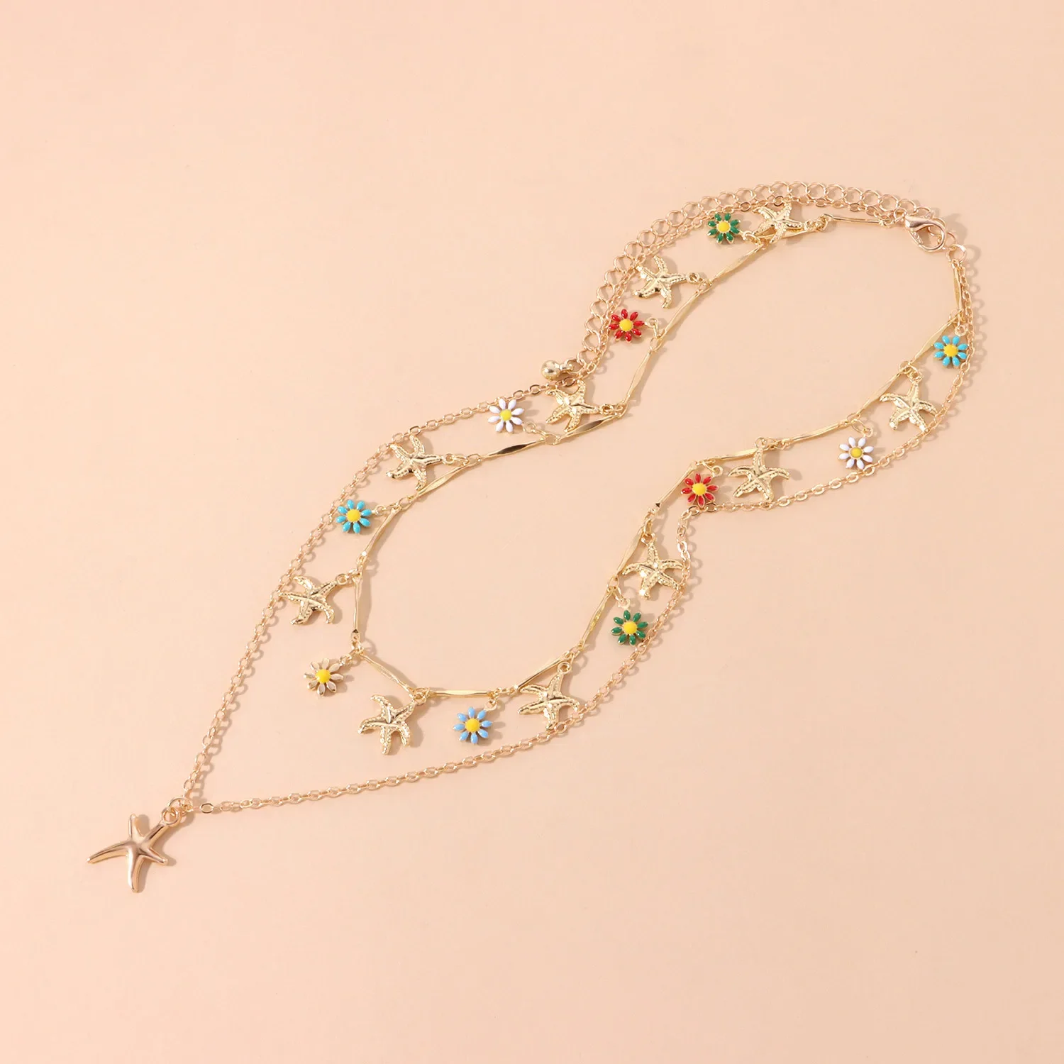 Beach Jewelry for Women Double Layer Alloy Starfish Necklace Hawaiian Enamel Flower Pendant Resort Vacation Wear