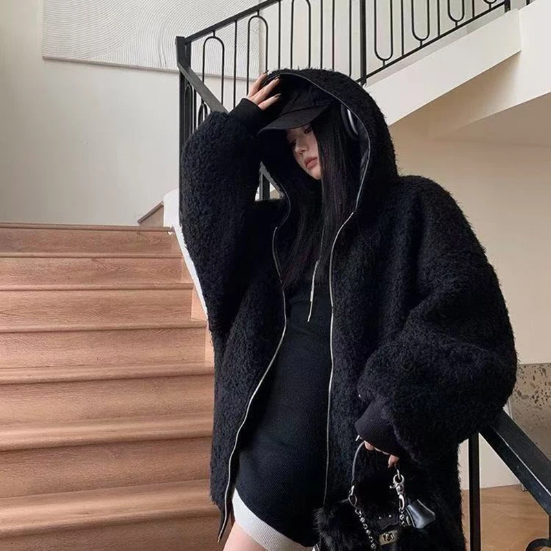 Chic Fleece Pu Reversible Women Jacket Hooded Zip Up Oversized Black Grunge Y2K Streetwear Loose Baggy Winter Coat Top
