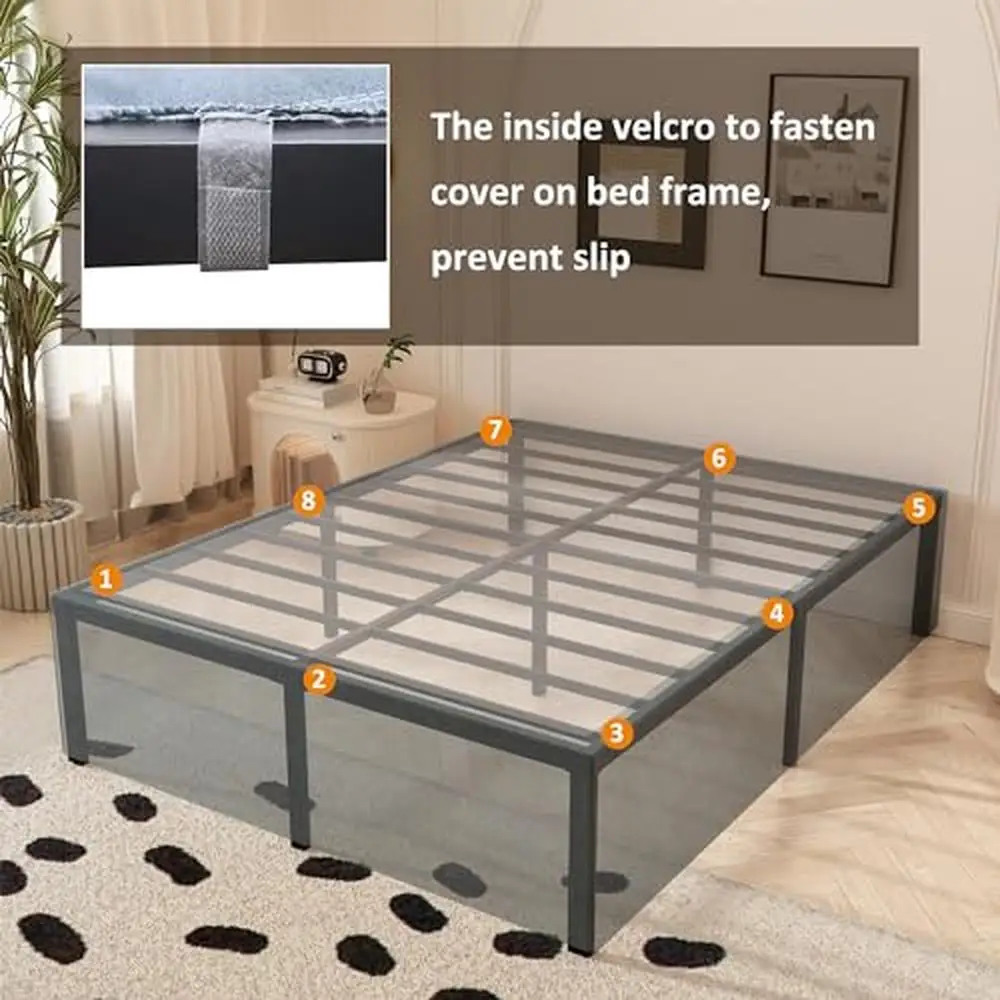 Quadro completo da cama do metal do tamanho com saia da cama, nenhuma mola da caixa necessária, armazenamento sob a cama, conjunto fácil, 74,6 "L x 53,6" W x 18 "H apoia