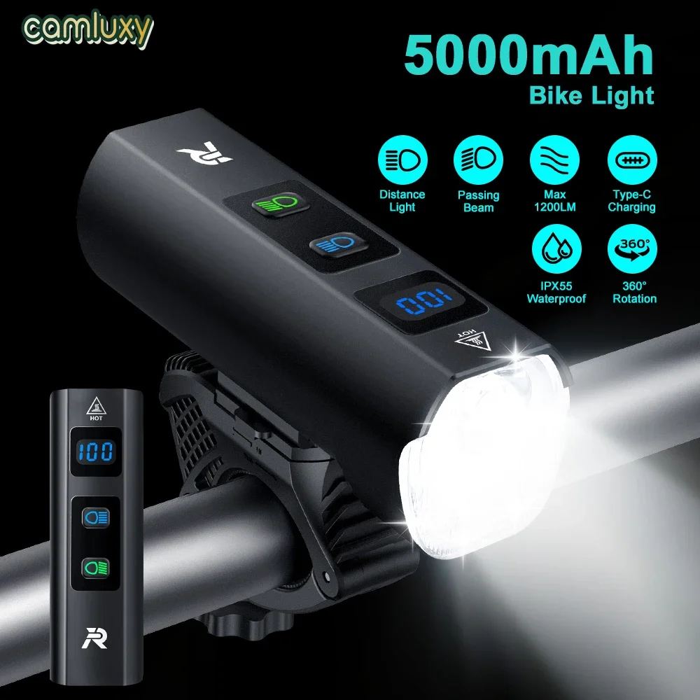 

Camluxy Bicycle Light Headlight 1200 Lumens High Brightness 5000mAh Type-C Rechargeable MTB Road Bike Cycling Safety Front Lamp