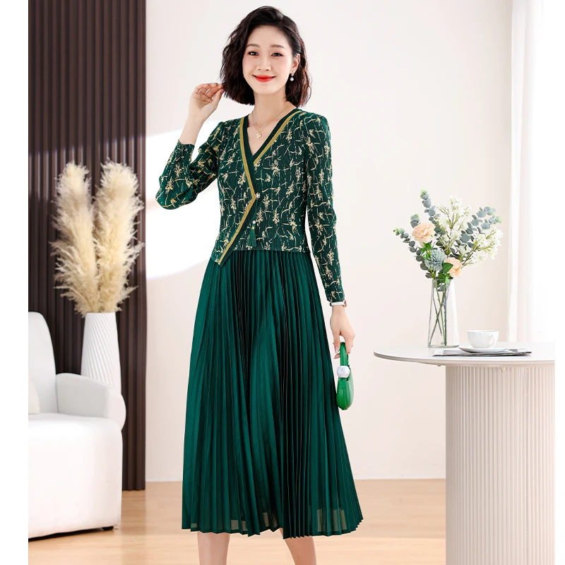 女性のためのmiyake myakeドレス、miyake miyake miyake、長袖、花柄、ボタン、タッセル、オフィス服、2ピース、春、2022