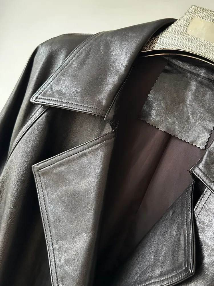 Britischer Stil für Damen, einfarbig, Revers, echtes Leder, Schärpenjacke, lockere einreihige, lange Ärmel, Schaffell-Oberbekleidung