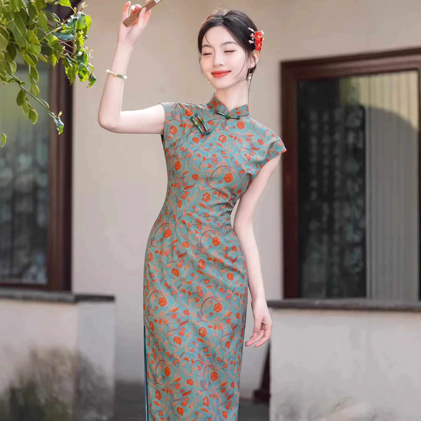 Chinese Style Qipao Dress Women Long Sleeveless Modified Slit Waist Slim Fit Cheongsam Modern  Chinese Wedding Dress SW-026