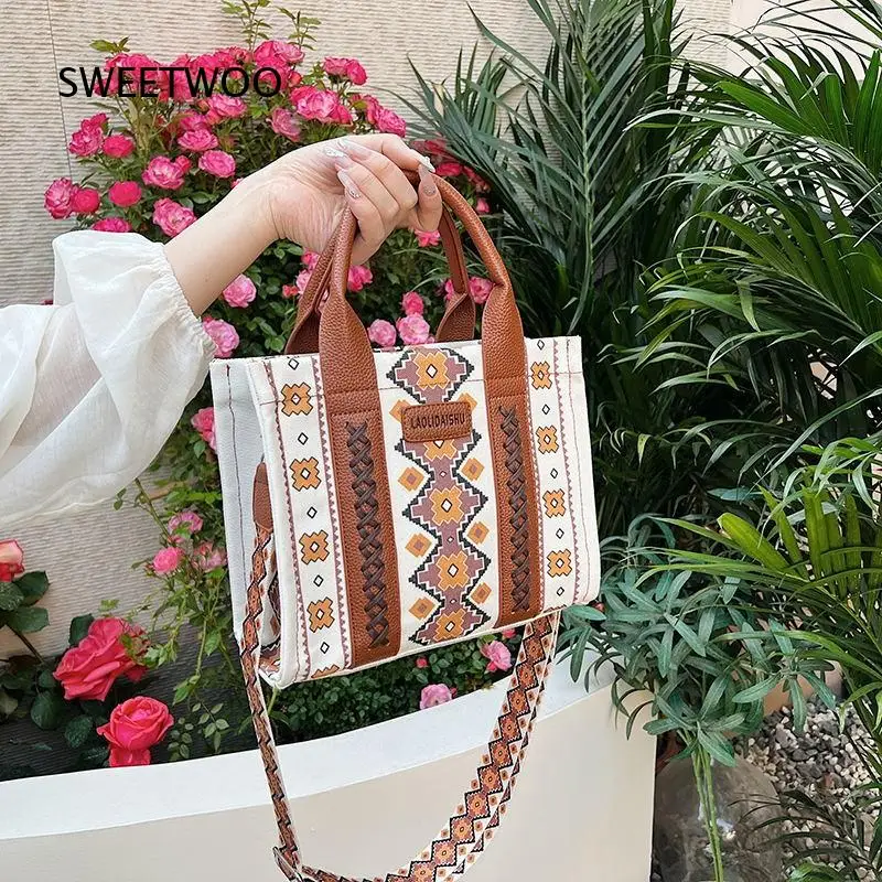 Bohemian Ethnic Geometric Print Canvas Tote Bag Women Leather Handle Wide Strap Crossbody Handbag For Travel Daily Shopping