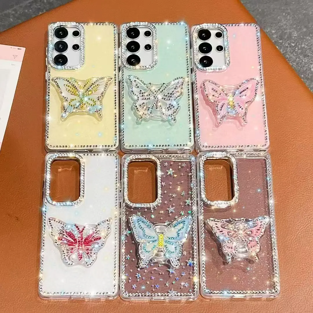 

Crystal Glitter Butterfly Stand Pretty Phone Case For iPhone 16 17 Air 15 14 13 Pro Plus Max Samsung Galaxy S24 FE S23 S25 Ultra