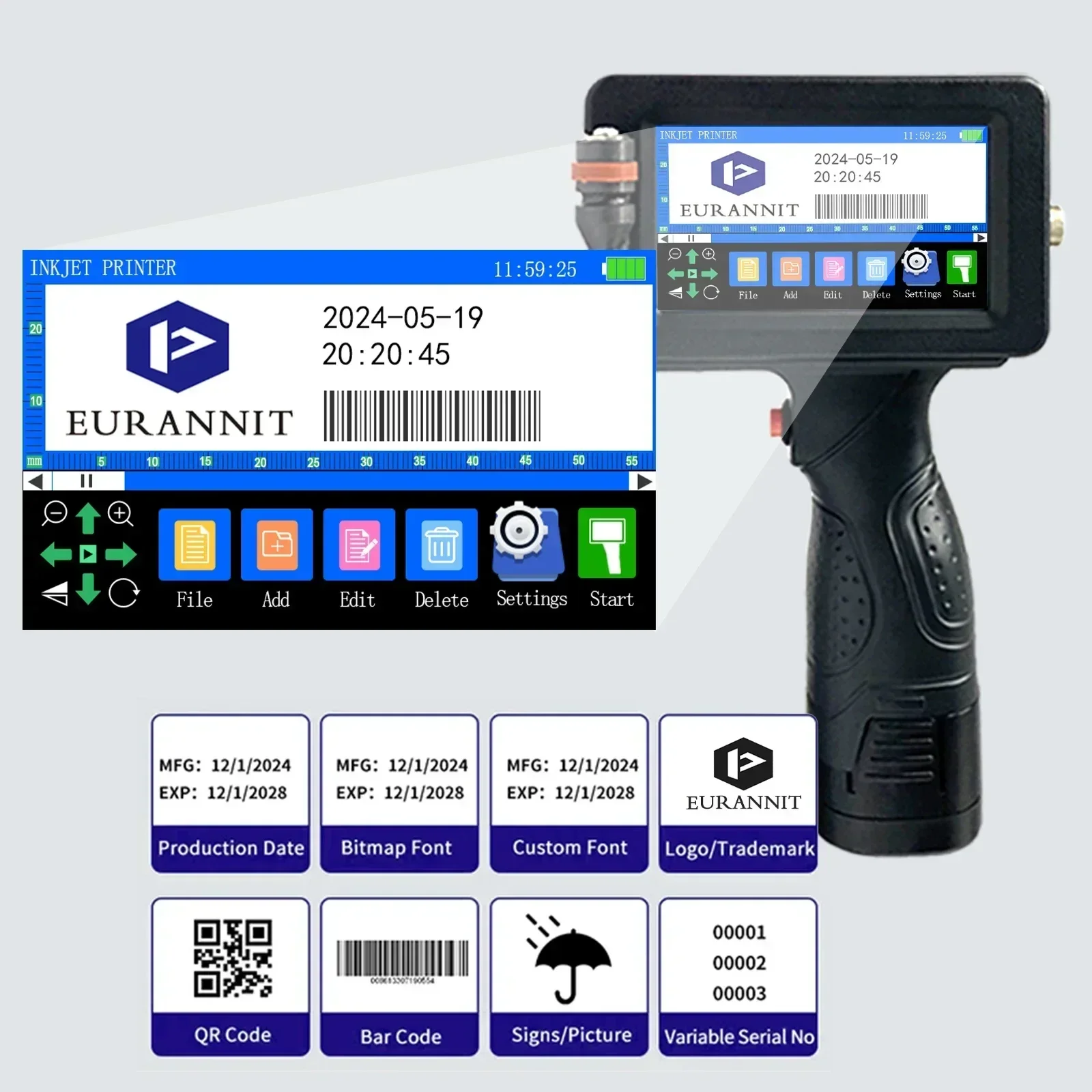 EURANNIT E16 12.7/25.4MM Portable Handheld Inkjet Printer with Fast-Drying Ink Text QR Barcode Batch Number Logo Label Printer