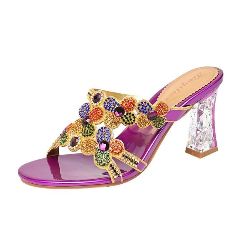 

2026 New 7.5cm Designer Shoes Women Luxury Women Slides Open Toe High Heels Rhinestone Slippers Summer Slippers Gold Big Size