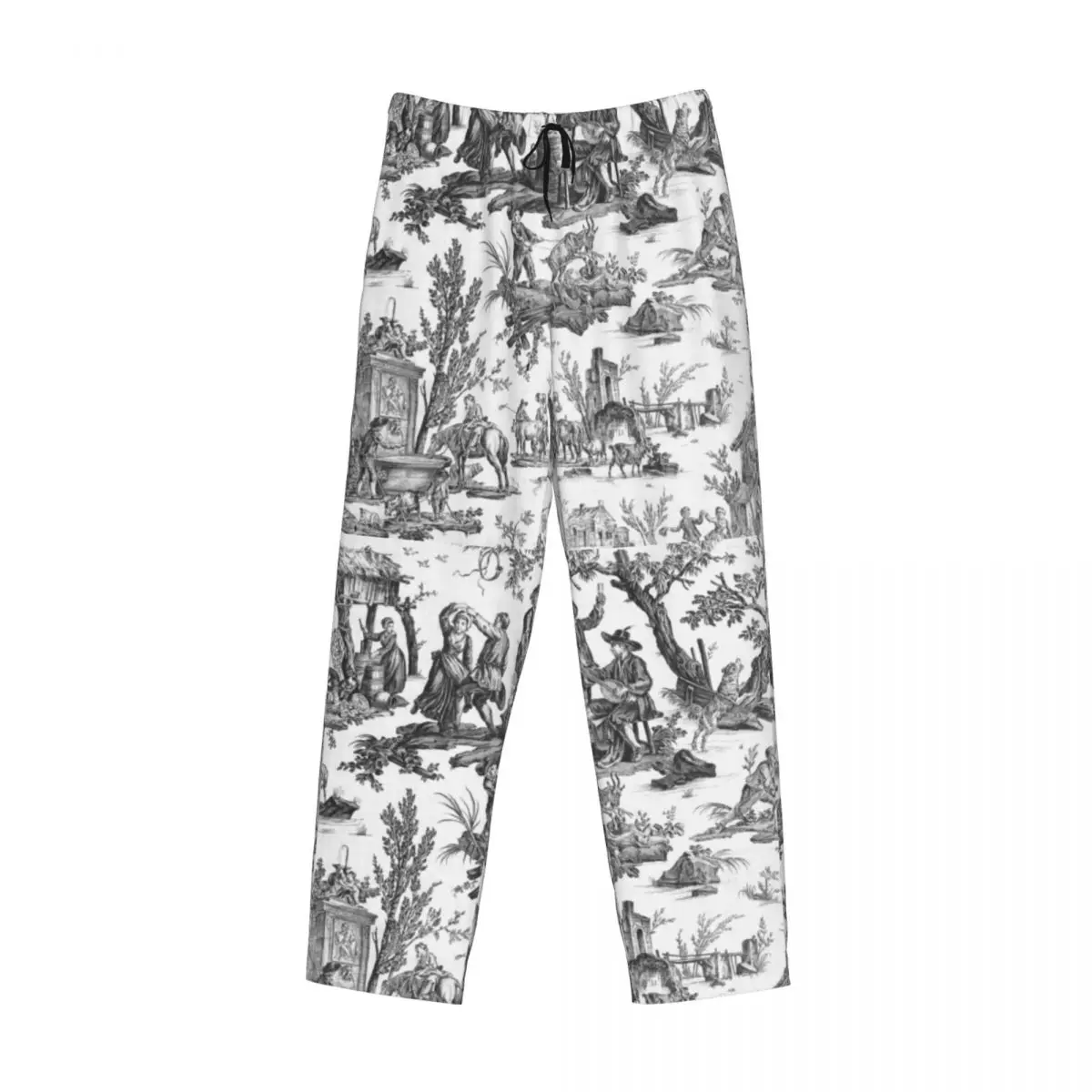 カスタム黒と白のトワルドジュイパジャマパンツ男性フレンチモチーフ花パジャマラウンジ睡眠ボトムスストレッチポケット付き