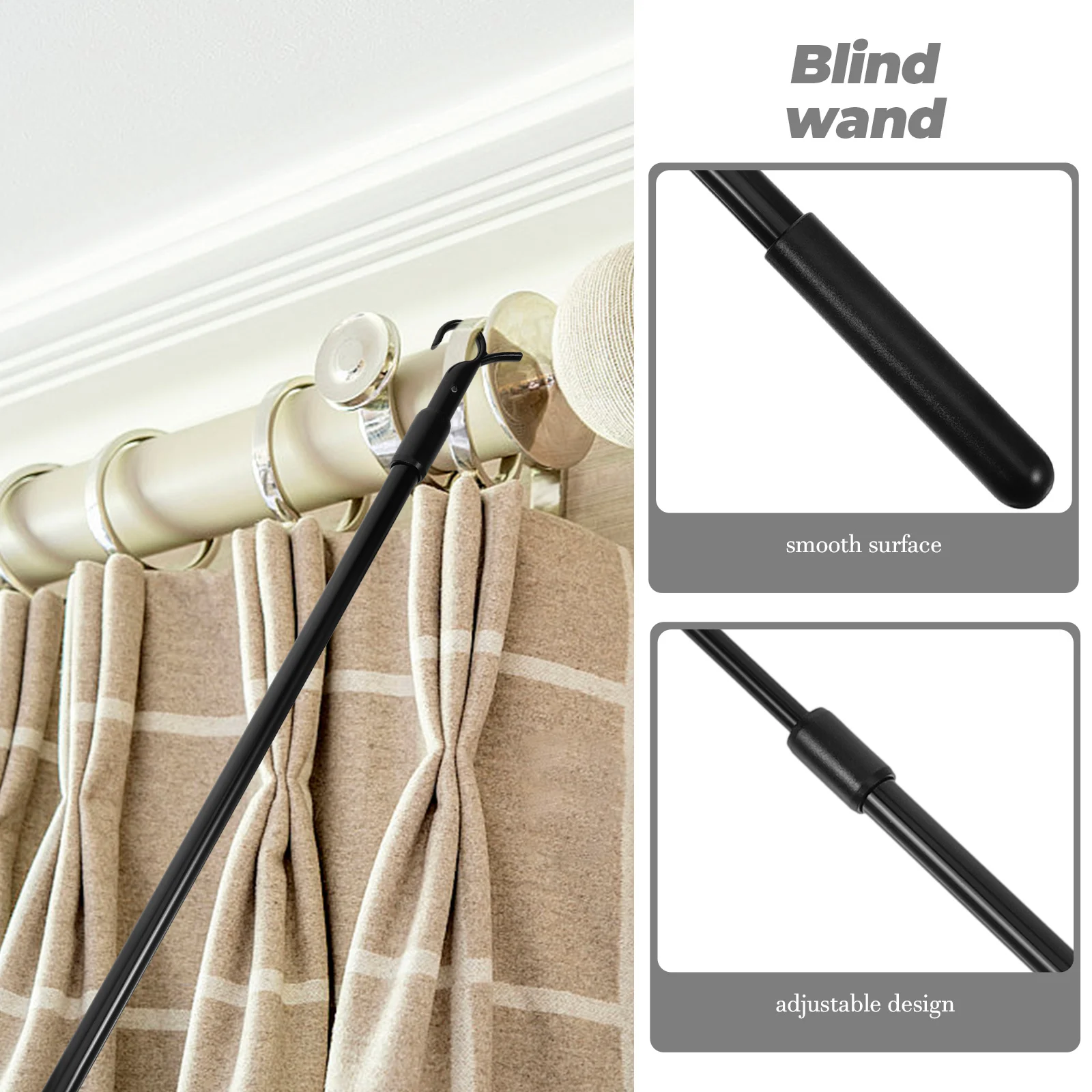 24 Inch Black Aluminum Alloy Adjustable Curtain Rod for Window Blinds Vertical Clips Hardware Blind Stick Tilt