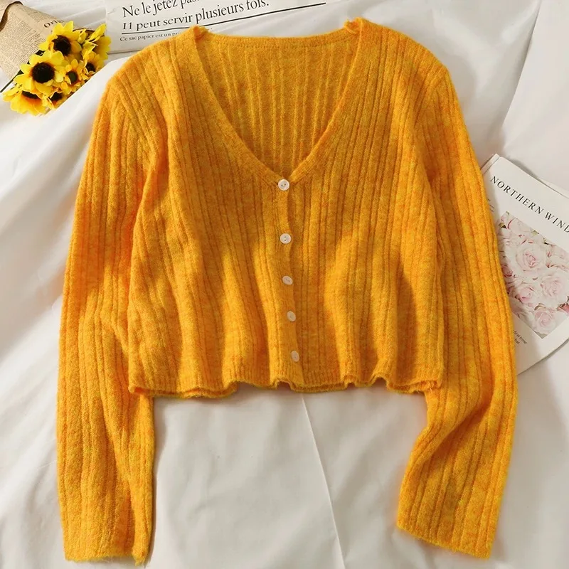 Basic Solid Button Up V-neck Cute Sweater Cardigan Women Korean Style Black White Gray Orange Khaki Pink Cropped Cardigan Top