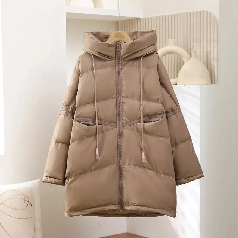 2025 New Winter Women 90% White Duck Down Jacket Casual Loose Over Size Warm Parka Female Drawstring Hooded Puffer Coat