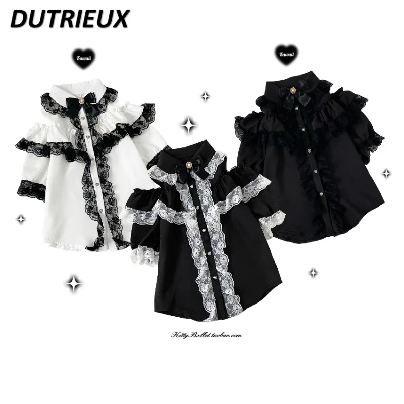 الصيف الدانتيل طبقة مزدوجة الجوف خارج الكتف تحمل قصيرة الأكمام قميص الألغام التلبيب واحدة الصدر بلون قمم قمصان