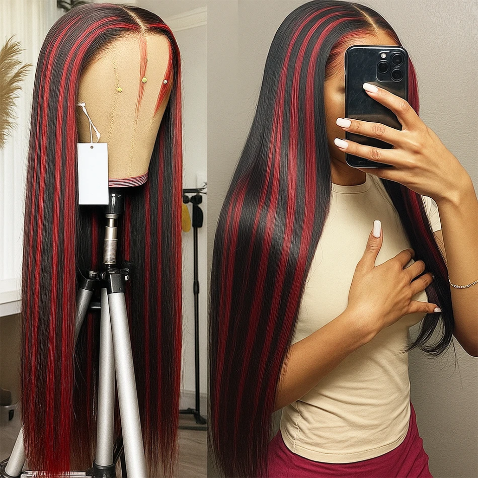1B/99J الأحمر تسليط الضوء على شعر مستعار مستقيم 5x5 شعر مستعار بدون صمغ شعر الإنسان جاهز لارتداء بورجوندي البرازيلي مع شعر مستعار أسود اللون للنساء