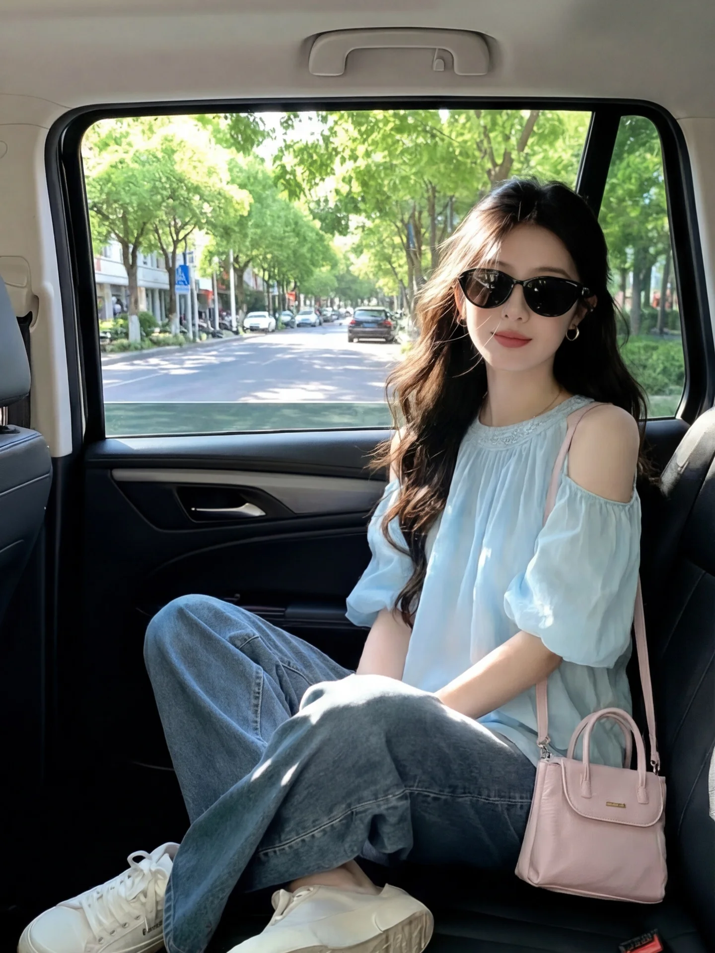 

Chic Shoulder Bared Short Sleeve Shirt Beautiful Mint Color Spring Summer New Style Women's Top Sweet Style Loose Fit Polyest...