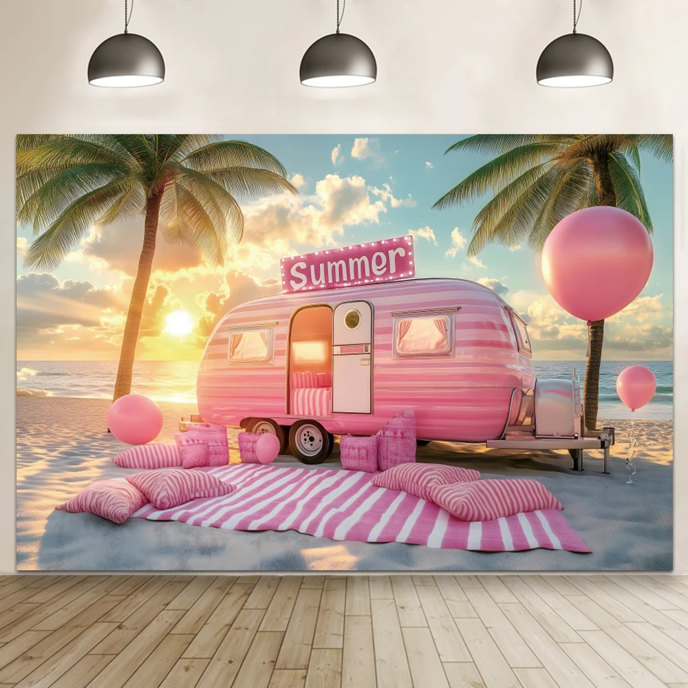 Fondo de fotografía verano palmera playa Rosa coche puesta de sol atardecer Camping fiesta de cumpleaños retrato telón de fondo accesorios de estudio fotográfico