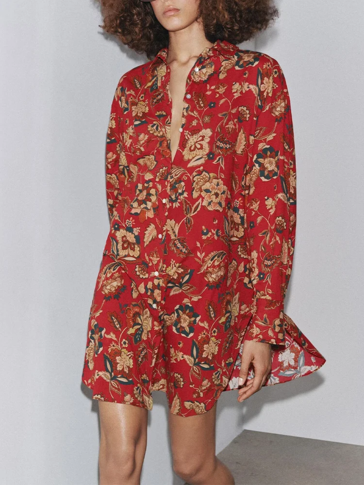 

Summer new women's clothing European and American loose lapel long sleeve rounded hem blended printed long shirt