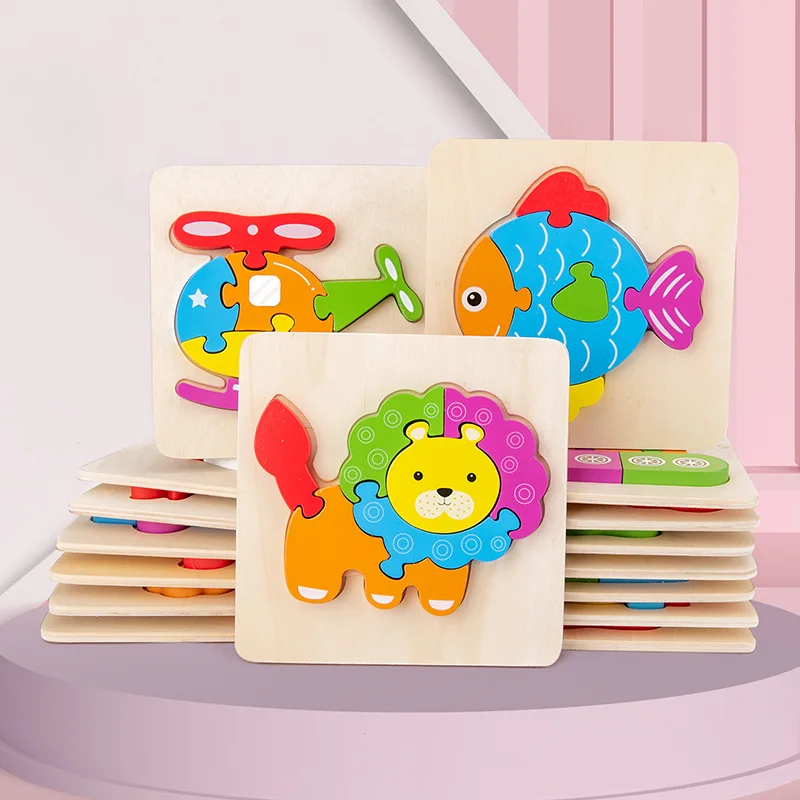 Montessori Wooden Puzzle Baby Cartoon 3D Animal Traffic Jigsaw Early Learning Cognition Game Puzzle Toy Children Educational Toy