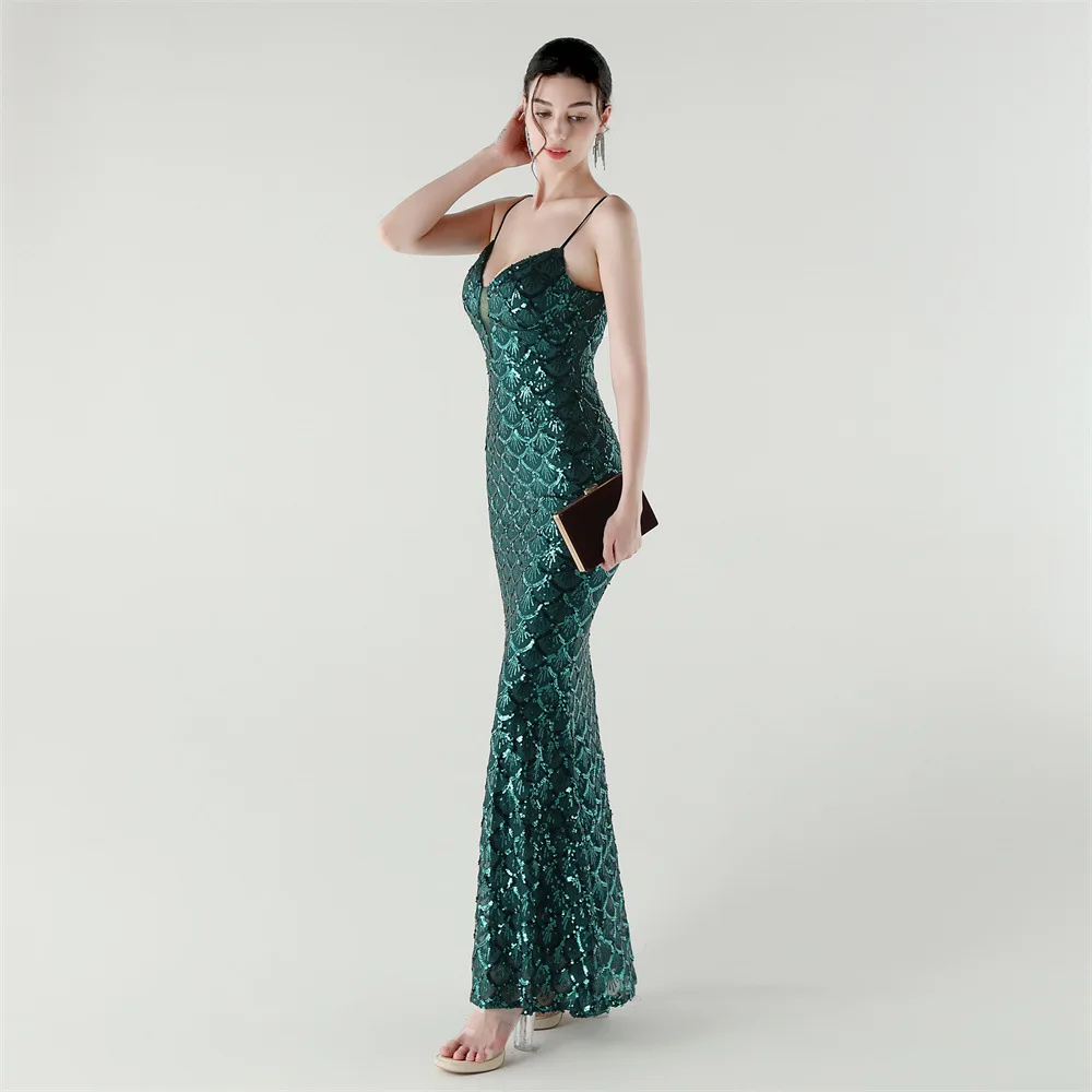 2025 New Suspender Deep V Slim Fit Fish Scale Sequin Green Dress for Party Formal Banquet Evening Dress