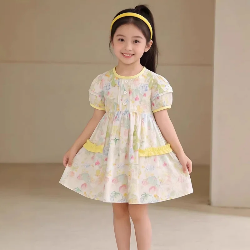 

Cute cartoon dress for little girls2026New Summer Short-Sleeve Printed Dress for GirlsAFashionable skirt, beach skirt