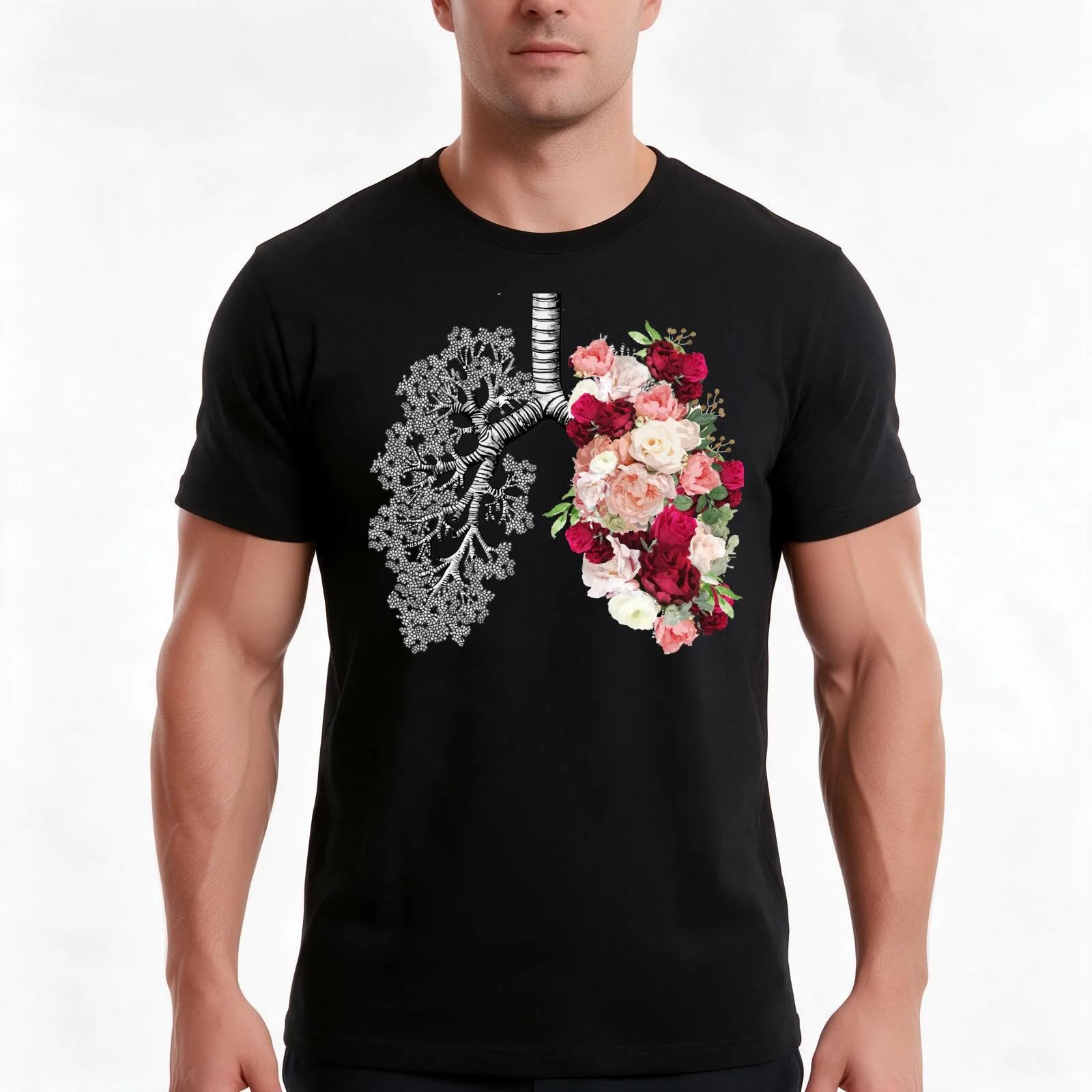 lungs cancer awareness, bloom dark roses floral, anatomy, watercolor T-Shirt, Summer Casual Cotton Tee, Vintage Graphic Print