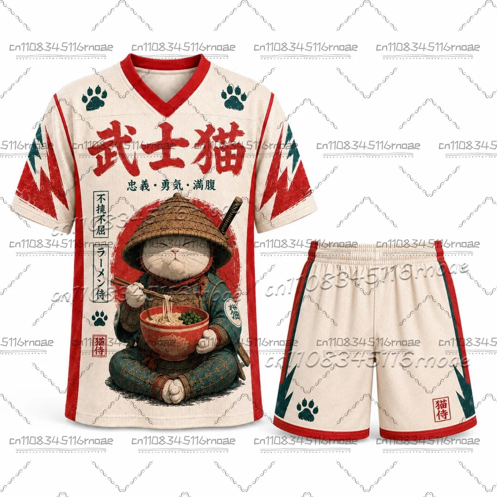 New Summer Retro Japanese Samurai Cat Printed Neutral Sports Shirt Breathable Mesh V-neck Street Wear Children's T-shirt Shorts