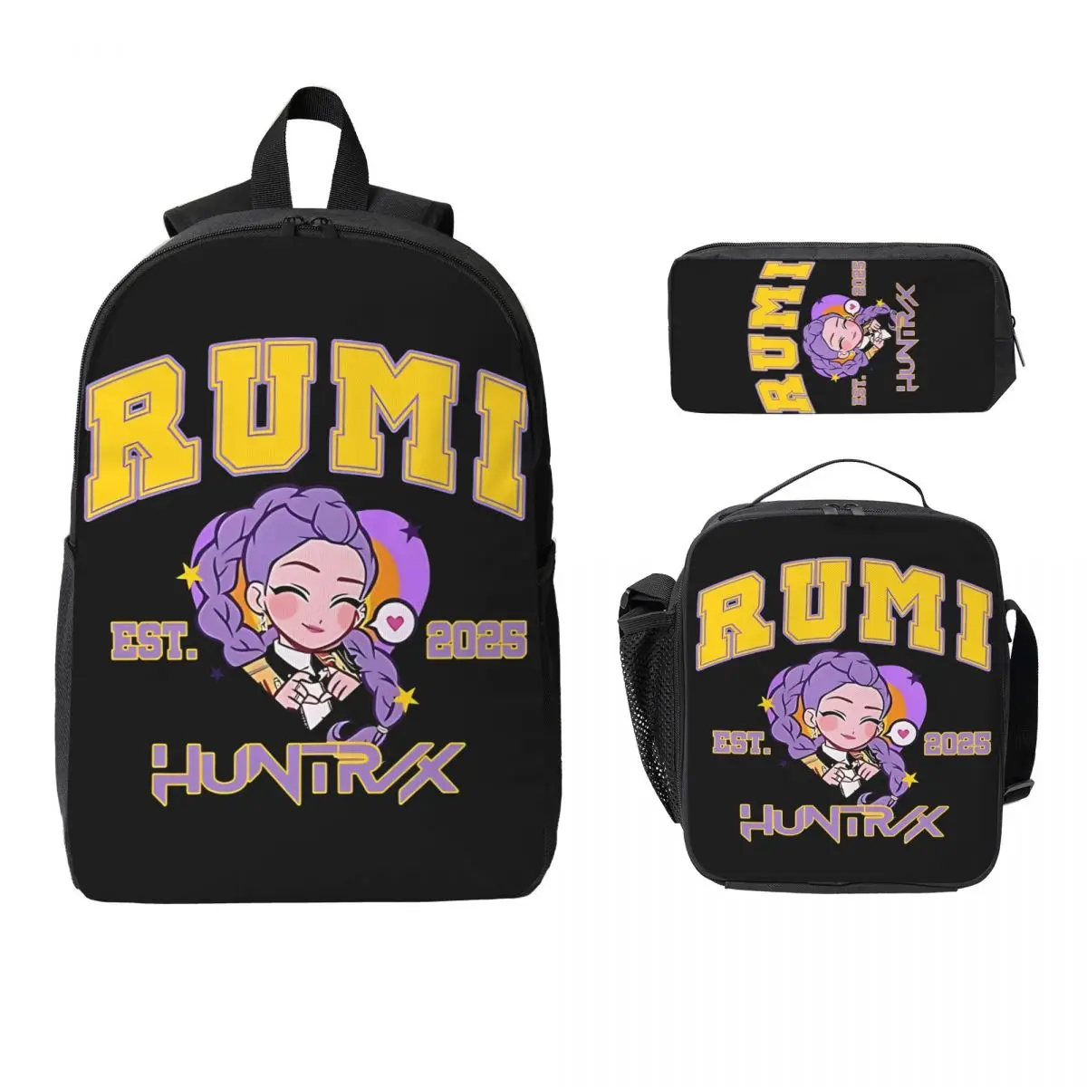 

3 шт. RUMI HUNTRX Kpop Demon Hunters рюкзак для детей, сумки для ручек, наборы сумок для книг с коробкой для завтрака для школьников, рюкзак