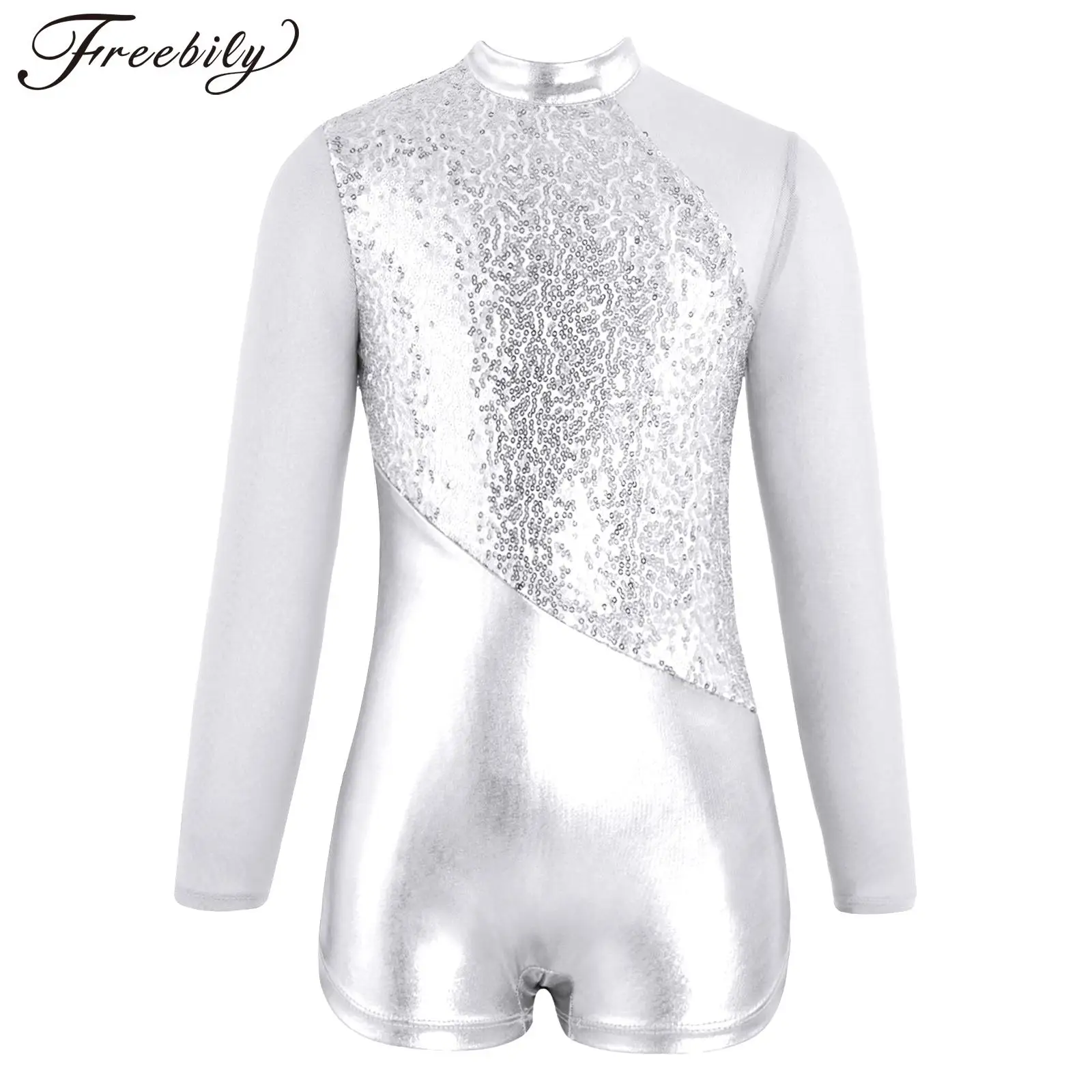 Kids Girls Sequins Ballet Dance Leotard Mesh Patchwork Long Sleeve Ballerina Costumes Stage Performance Short Rompers Jumpsuit