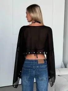 

Women's Sheer Flowy Blouse Fashion Rhinestone Long Sleeve Boat Neck Loose Fit Crop Tops Casual Beach Wear