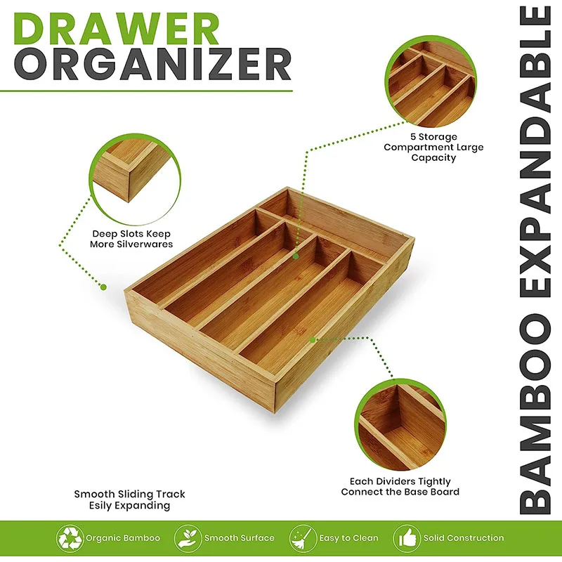 Bamboo Wood Cutlery Tray Drawer, Utensil Organizer, for Silverware and Cooking Utensils