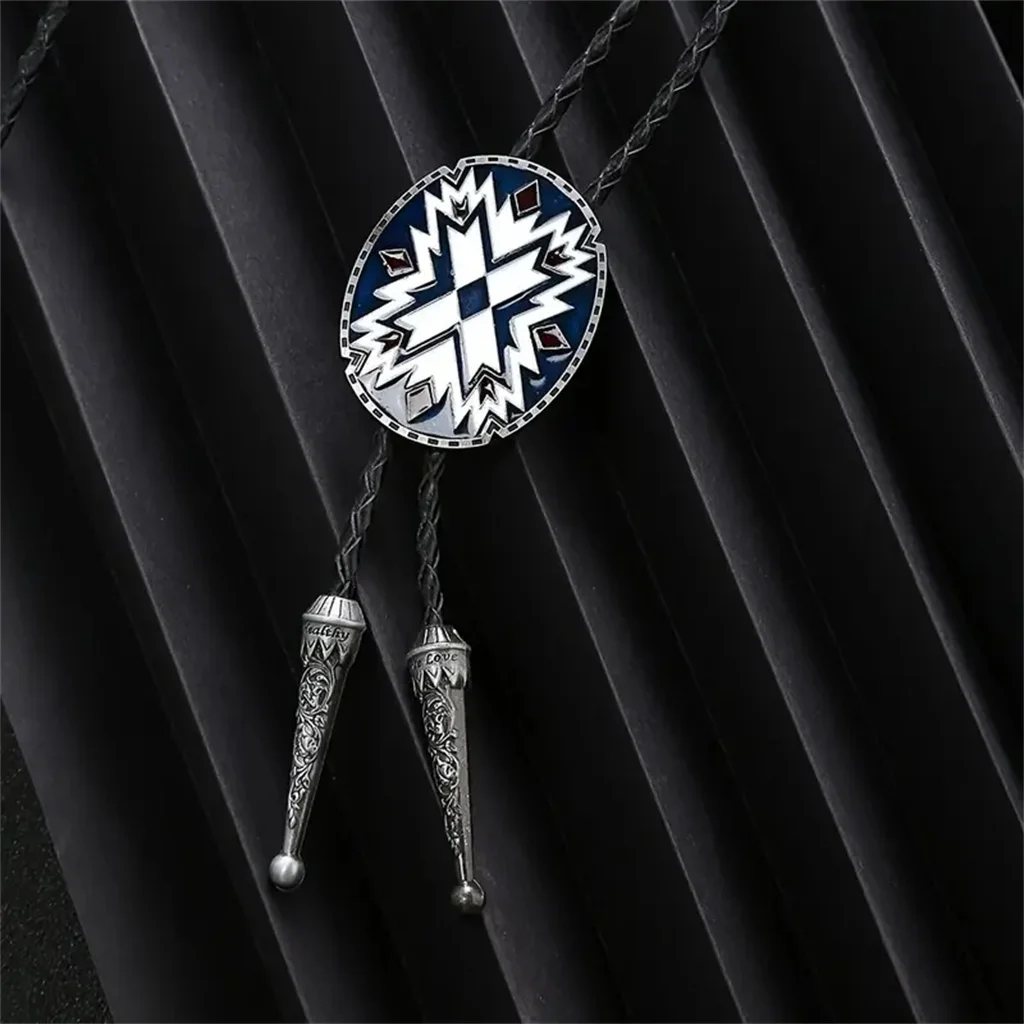 Enamel blue and white totem bolo tie