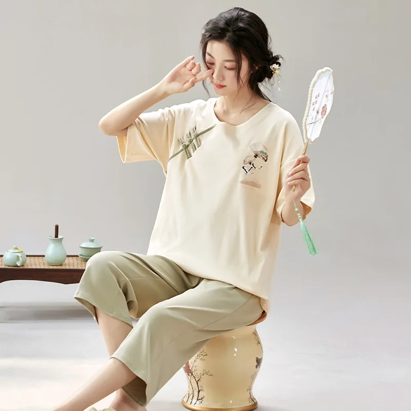 Women Pajamas Set Summer Cotton Sleepwear for Girl Leisure Round neck Lady Pijama Retro Chinese Style Casual Home Wear Pajamas