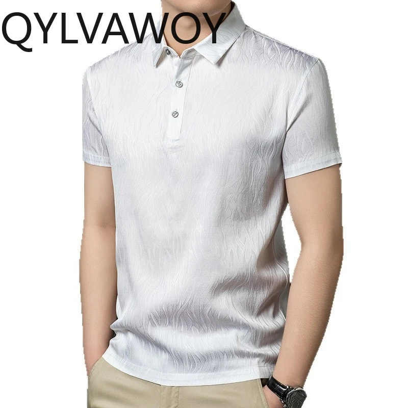 QYLVAWOY 92.5% Mulberry Silk Polo Men's Shirts Loose Summer Tops Cool Shirt Short Sleeve T Shirt for Man Ropa Hombre Breathable
