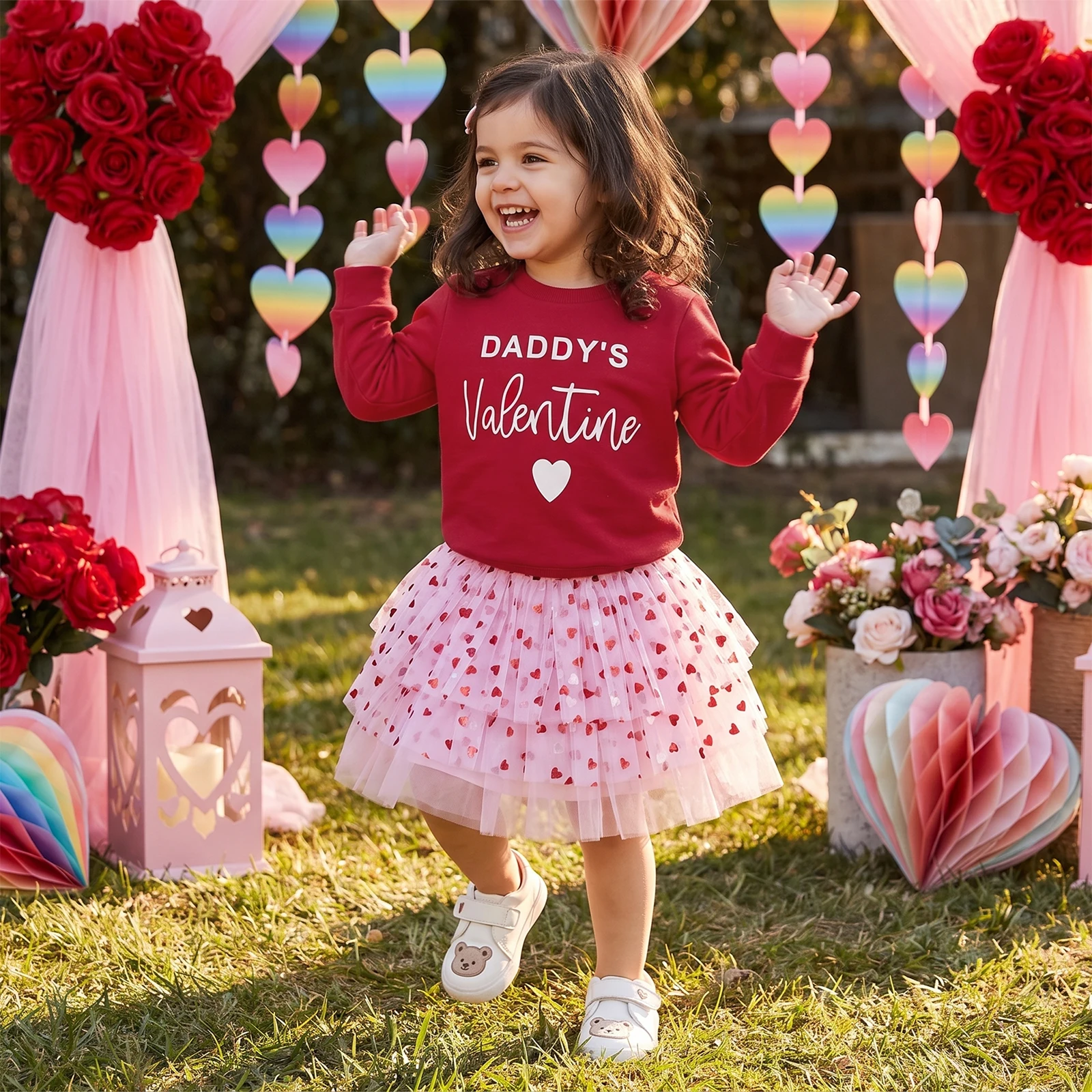 Toddler Baby Girl Valentines Outfit Long Sleeve Sweatshirt with Tulle Skirt