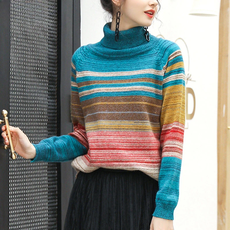 

Autumn Winter Thin T-Shirts Rainbow Casual Lady Bottoming Loose Pullovers Striped Women's Clothing Straight Turtleneck F522